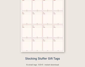 May include: A printable sheet containing sixteen rectangular gift tags arranged in a four-by-four grid. Each tag features a white background with thin red borders, a small circular hole at the top, and the printed text To: and From:.