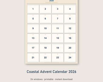 May include: A rectangular Coastal Advent Calendar 2026 with a beige background and dark blue text. The grid features 24 numbered windows arranged in six rows of four, each with a wavy top border and a small circular icon above the number.
