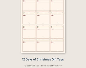 May include: A sheet of twelve rectangular gift tags with rounded corners, each labeled Day 1 through Day 12. Each tag features lines for To and From, a small hole at the top, and a light cream background with dark text and borders.