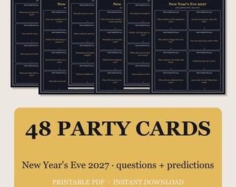 48 New Years Eve 2027 Game Cards Printable, NYE Party Questions Predictions Resolutions for Adults Teens Family, Digital Download