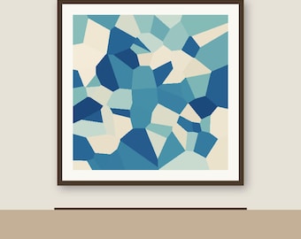 May include: A square wall art piece featuring a geometric mosaic pattern of interlocking polygons in shades of dark blue, light blue, teal, and cream. The artwork is enclosed within a thin, dark brown frame with a white mat border.