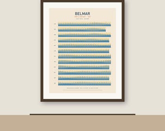 May include: A framed wall print titled BELMAR TIDES & DAYLIGHT 2027, featuring a data visualization of daily tide and daylight patterns. The design uses blue wave-like shapes against a light beige background, organized by month from Jan to Dec.