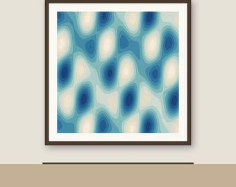 May include: A square wall art piece featuring a repeating abstract pattern of concentric oval shapes in shades of dark blue, light blue, and cream. The artwork is enclosed within a thin, dark brown frame, creating a clean and structured visual display.