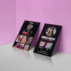 Modelo de cartão de visita Tik Tok, cartão de código QR, design de modelo de cartão de visita, cartão digital para pequenas empresas, cartões de mídia social, modelo Canva