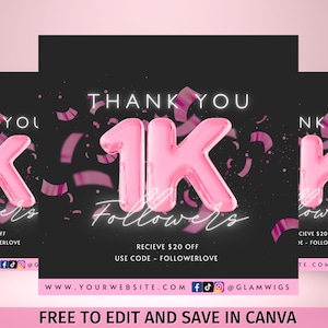 Pink 1K Followers Celebration Flyer, DIY Lashes, Hair, Nails, Beauty Boutique Editable Canva Template, Follower Flyer, Social Media Flyer