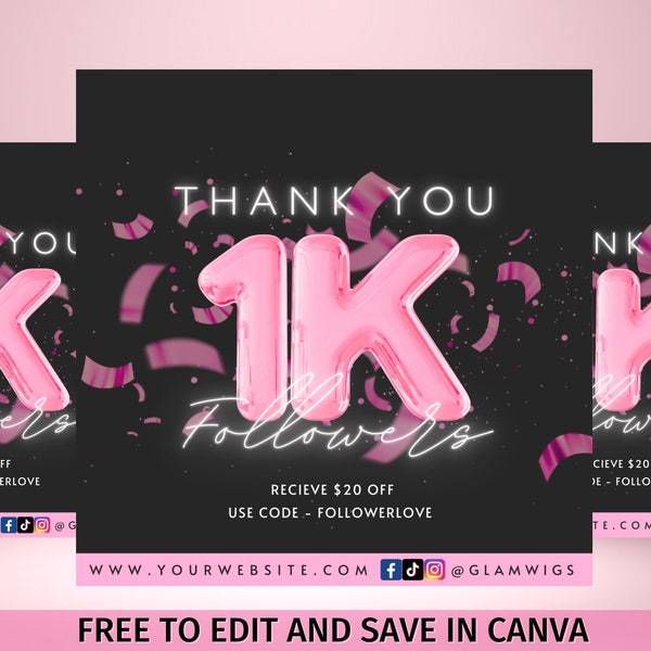 Pink 1K Followers Celebration Flyer, DIY Lashes, Hair, Nails, Beauty Boutique Editable Canva Template, Follower Flyer, Social Media Flyer