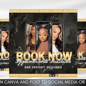 DIY Black And Gold Book Now Flyer Template, Hair Booking Flyer, Appointments Available E-Flyer, Printable Lashes, Hair, Wigs, Nails Flyer