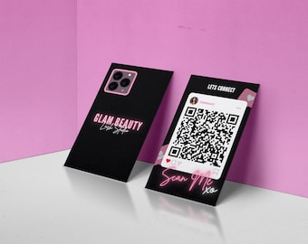 Plantilla de tarjeta de presentación con código QR: Negro y rosa, Canva (Descarga digital)