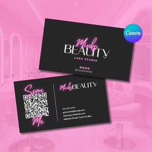 Sjabloon schoonheid visitekaartjes, zwart en roze sjabloon voor visitekaartjes, sjabloon DIY canvas, wimpers, nagels, haar, MUA, QR-codekaart