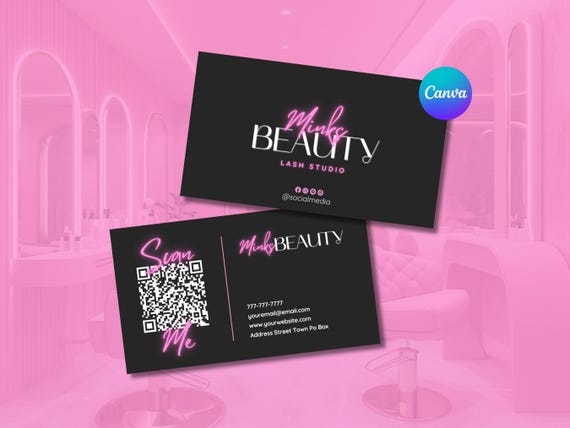Black & Pink Beauty Business Card Template with QR Code (DIY Canva)