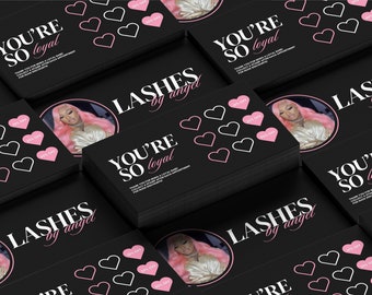 May include: A stack of black loyalty cards with pink hearts and the text "YOU'RE SO loyal" and "LASHES by angel".