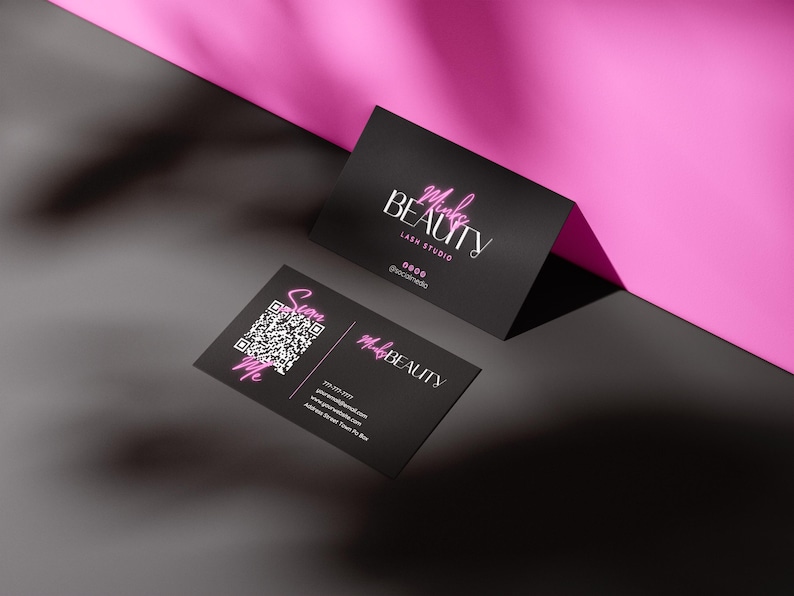 May include: Two black business cards with pink text. The top card reads "Make Beauty Lash Studio 0000 @makebeauty". The bottom card reads "Make Beauty" with contact information and a QR code that says "Scan Me".
