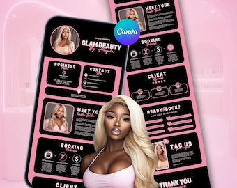 May include: A black and pink business card design for a lash technician. The card features a welcome message, business hours, contact information, booking policies, client reviews, and a call to action to book an appointment. The card also includes a thank you message and a tag us section.