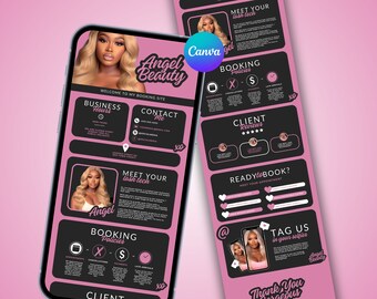 May include: A pink and black mobile phone screen displaying a website for a lash technician named Angel. The website includes information about business hours, contact information, booking policies, client reviews, and a call to action to book an appointment. The website also includes a photo of Angel, the lash technician.