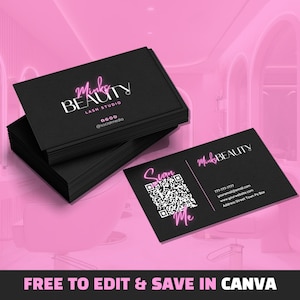 May include: A stack of black business cards with pink neon text that reads "Minks Beauty Lash Studio" and a QR code that says "Scan Me". The text also includes the business's social media handle and phone number.