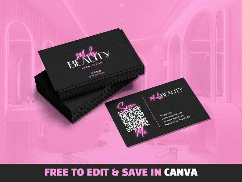 May include: A stack of black business cards with pink neon text that reads "Minks Beauty Lash Studio" and a QR code that says "Scan Me". The text also includes the business's social media handle and phone number.