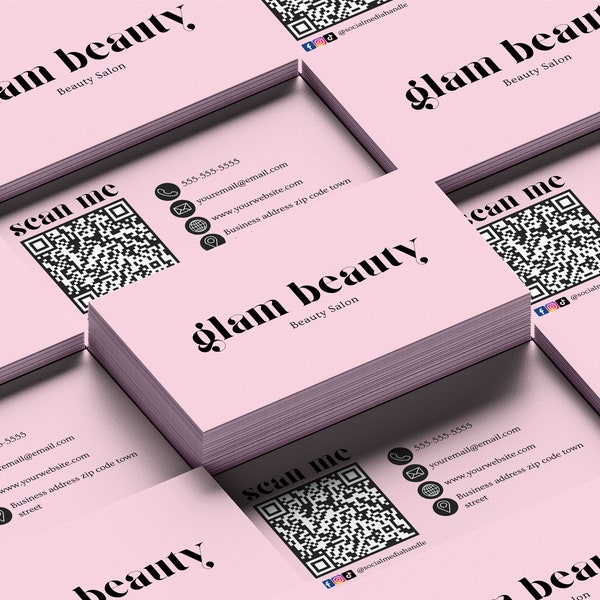 Pink Minimalist Business Card Template, DIY Canva Business Card Template Design, QR Code Business Card, Editable Luxury Small Business Card