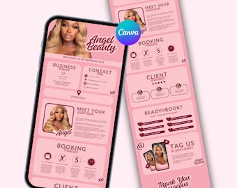 Puede incluir: La pantalla de un teléfono móvil rosa y blanco que muestra un sitio web para un negocio de técnico de pestañas llamado "Angel Beauty". El sitio web incluye el horario comercial, la información de contacto, las políticas de reserva y las reseñas de los clientes. El sitio web también presenta una foto del técnico de pestañas.