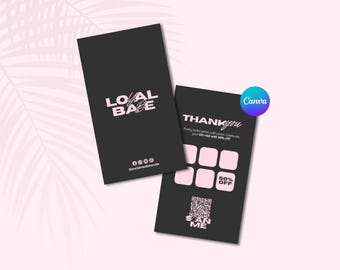 May include: Two black business cards with pink text and accents. One card reads "LO/AL BAE" and the other says "THANK you" with a QR code and "50% OFF". The background is a light pink with a palm leaf shadow.