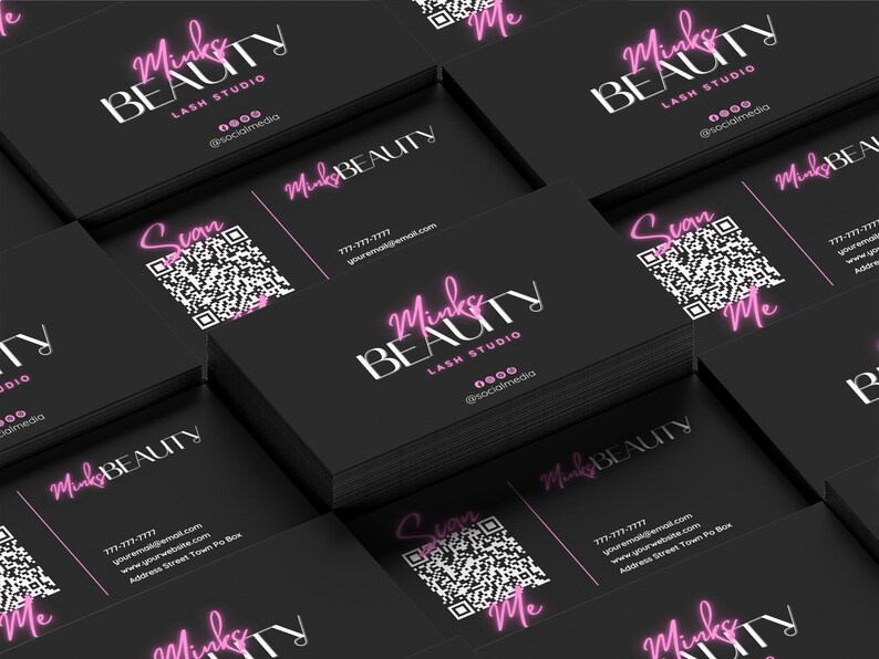 May include: Stack of black business cards with pink neon text that reads "Minks Beauty Lash Studio" and a QR code with the text "Scan Me".