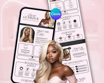 May include: A pink and black mobile phone screen displaying a website for a hair styling service called "Luxe Glamour". The website features a photo of a woman with long blonde hair, a description of the business, booking policies, and client testimonials. The text on the screen reads "Luxe Glamour Hair Styling Services", "Welcome to my booking site", "Meet the CEO", "Business Hours", "Booking Policies", "Client Love", and "Tag Us in Your Styles".