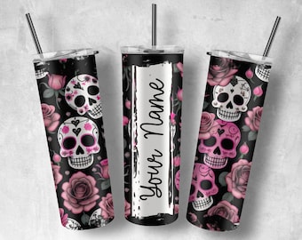 Pink Sugar Skull Tumbler Wrap, Day of the Dead Sublimation Design (PNG)