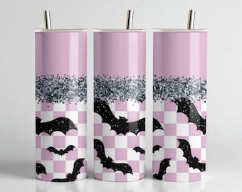Pastel Gothic Halloween Tumbler Wrap PNG | 20oz Skinny Sublimation | Pink Glitter Bats | Spooky Cute Digital Download