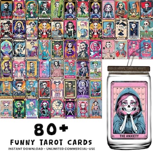 May include: A collection of over 80 funny tarot cards with skeleton illustrations in various poses and themes. A clear glass tumbler with a pink label featuring a skeleton in a hoodie is also shown. Text on the cards and tumbler includes "The Anxiety".