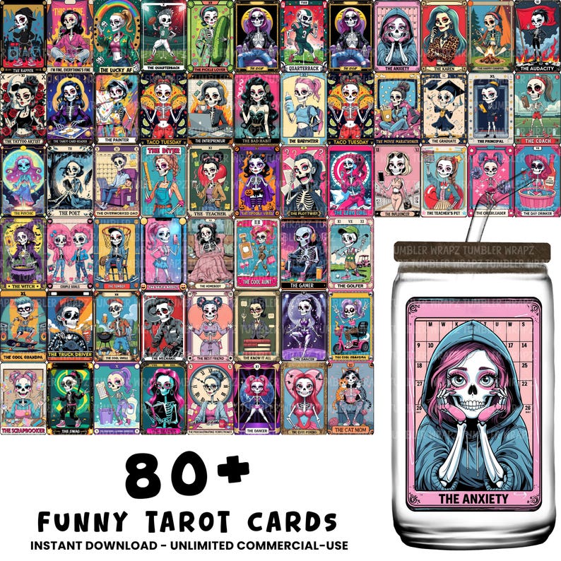 May include: A collection of over 80 funny tarot cards with skeleton illustrations in various poses and themes. A clear glass tumbler with a pink label featuring a skeleton in a hoodie is also shown. Text on the cards and tumbler includes "The Anxiety".