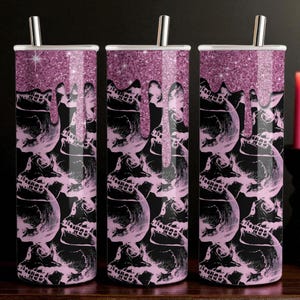 Pink Skull Tumbler Wrap PNG – 20oz Skinny Sublimation Design, Gothic Glitter Drip, Halloween Cup Wrap