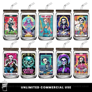 May include: A collection of ten glass tumblers with lids and straws, each featuring a unique, colorful illustration of a skeleton in various professions and settings. The text on the tumblers includes "Quarterback", "Psychic", and "The Crystal Baller".