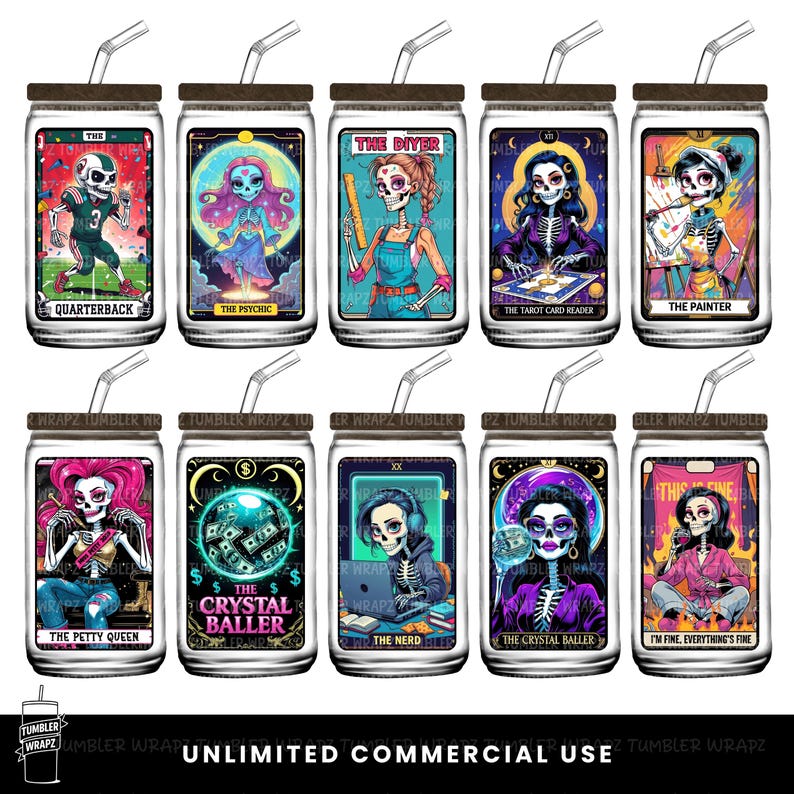 May include: A collection of ten glass tumblers with lids and straws, each featuring a unique, colorful illustration of a skeleton in various professions and settings. The text on the tumblers includes "Quarterback", "Psychic", and "The Crystal Baller".