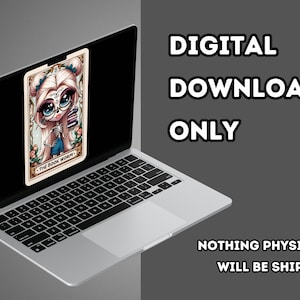 May include: Digital download only. A digital illustration of a cartoon girl with a skull face, wearing a blue and white outfit, holding a stack of books. The text "The Book Worm" is below her.
