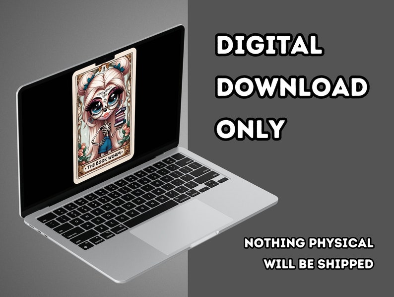 May include: Digital download only. A digital illustration of a cartoon girl with a skull face, wearing a blue and white outfit, holding a stack of books. The text "The Book Worm" is below her.