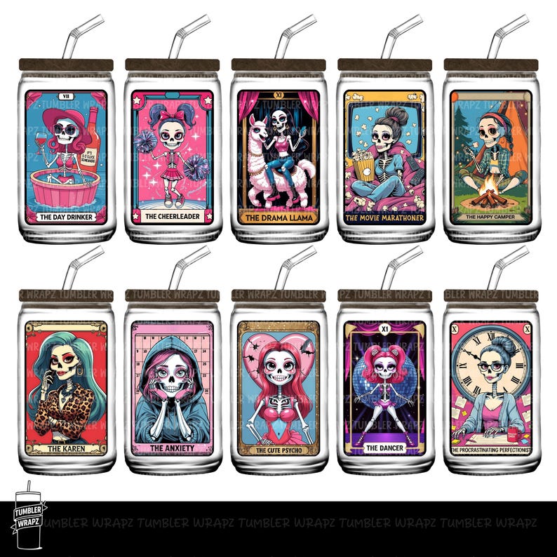 May include: A collection of ten glass tumblers with lids and straws, each featuring a unique skeleton-themed design. The illustrations include various themes like a cheerleader, a movie marathoner, and a procrastinating perfectionist. The tumblers have brown lids.