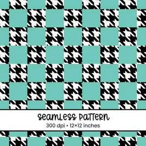 May include: Seamless pattern featuring a repeating design of black and white houndstooth checks alternating with squares of light teal. The text "seamless pattern" is displayed below the pattern, along with the dimensions of 12x12 inches.