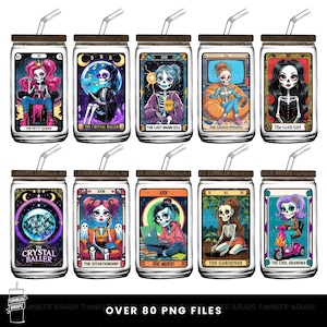 May include: A collection of ten glass tumblers with lids and straws, each featuring a unique tarot card design with a skeleton theme. The designs include phrases like "The Petty Queen" and "The Crystal Baller."
