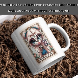 May include: White ceramic mug with a colorful illustration of a girl with a skeleton body holding books. The text "THE BOOK WORM." is printed on the mug.