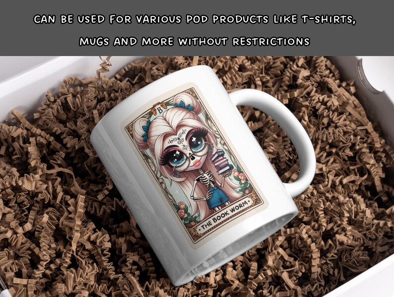 May include: White ceramic mug with a colorful illustration of a girl with a skeleton body holding books. The text "THE BOOK WORM." is printed on the mug.
