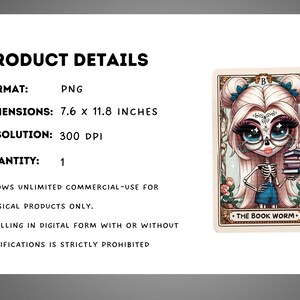 May include: A digital illustration of a skeleton girl with long blonde hair wearing glasses and a blue denim skirt. She is holding a stack of books and has a skull face with a floral design. The text "THE BOOK WORM" is below her.