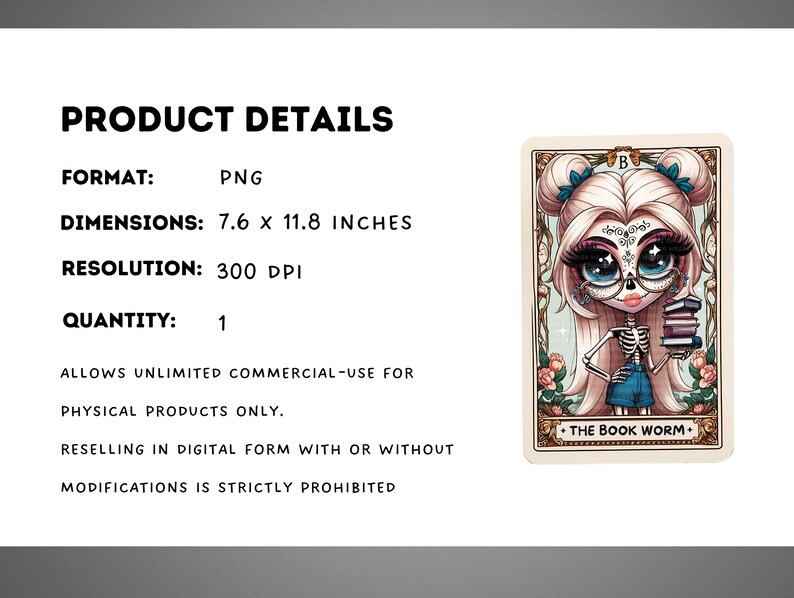 May include: A digital illustration of a skeleton girl with long blonde hair wearing glasses and a blue denim skirt. She is holding a stack of books and has a skull face with a floral design. The text "THE BOOK WORM" is below her.