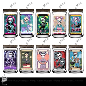 May include: A set of ten glass tumblers with lids and straws, each featuring a unique skeleton character design. The characters are depicted in various poses and styles, with text labels such as "The Reader" and "The Swag".