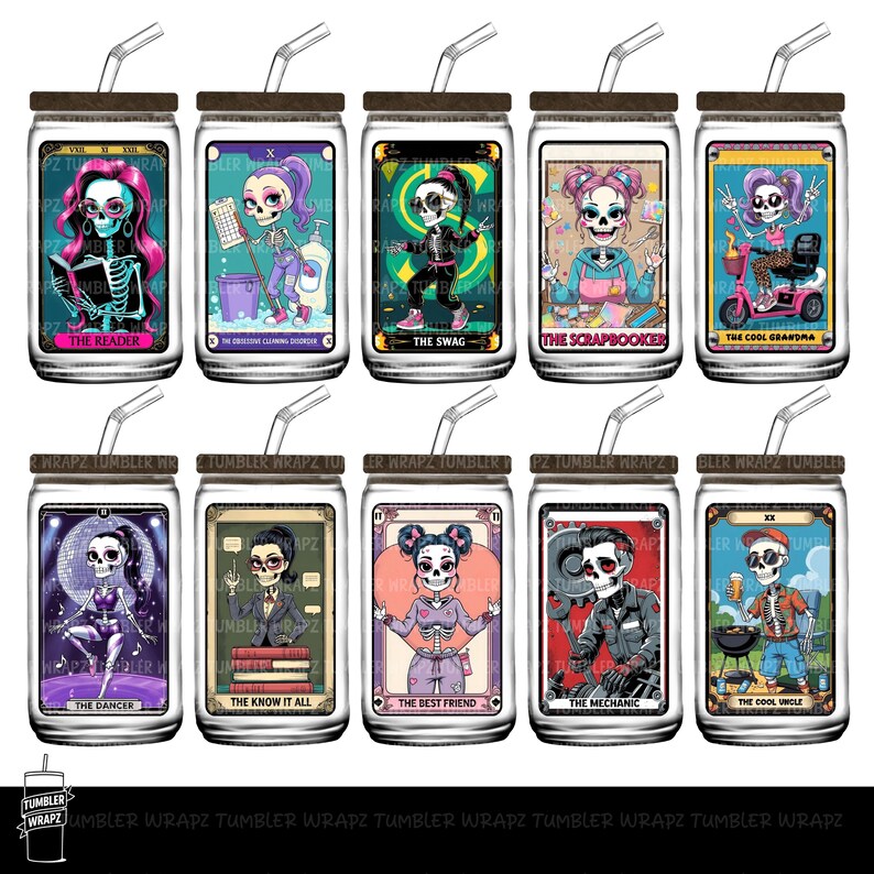 May include: A set of ten glass tumblers with lids and straws, each featuring a unique skeleton character design. The characters are depicted in various poses and styles, with text labels such as "The Reader" and "The Swag".