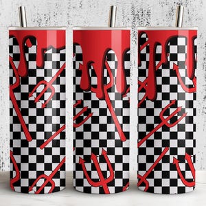 May include: Three stainless steel tumblers with a black and white checkered pattern and red devil pitchforks. The top of each tumbler has a red dripping paint design. Each tumbler has a silver straw.