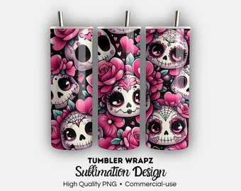 Dia de los muertos Tumbler PNG, Pink Sugar Skull Tumbler Wrap, Candy Skull Sublimation Design, Whimsigoth Template Digital Download