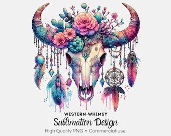 Bull Skull Png Boho Western DTG Sublimation Design Template Whimsigoth Trendy PNG Instant Digital Download Commercial Use