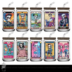 May include: A collection of ten glass tumblers with lids and straws, each featuring a unique skeleton character design. The characters are depicted in various roles, such as a truck driver, golfer, and gamer. The tumblers are ideal for cold beverages.