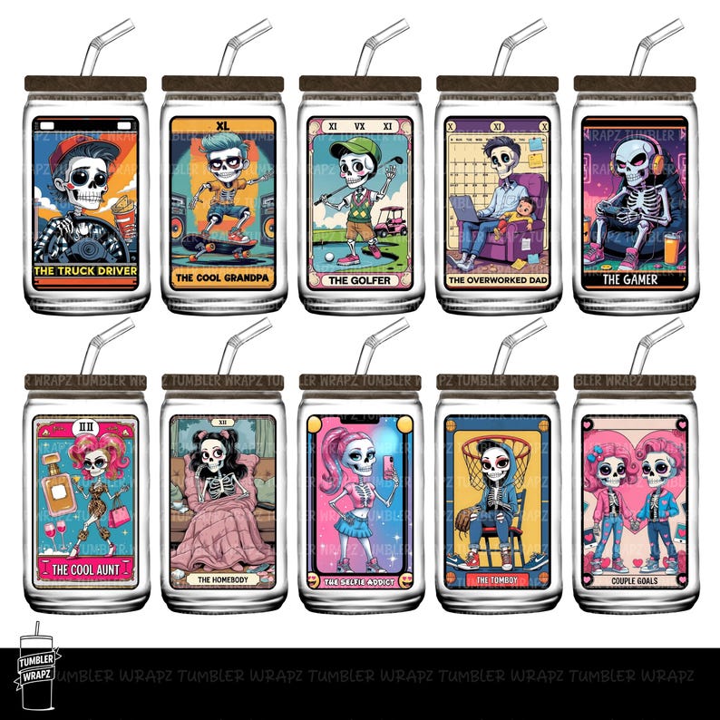 May include: A collection of ten glass tumblers with lids and straws, each featuring a unique skeleton character design. The characters are depicted in various roles, such as a truck driver, golfer, and gamer. The tumblers are ideal for cold beverages.