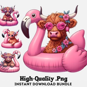 May include: A Highland cow wearing pink sunglasses and a floral headband floats on a pink flamingo pool float. The cow is brown with a long, fluffy mane. The flamingo float is bright pink with a white beak and black eyes.