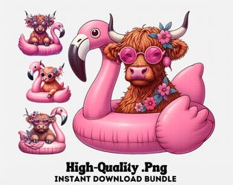 Highland Cow on Flamingo Float PNG Bundle (Digital Download)